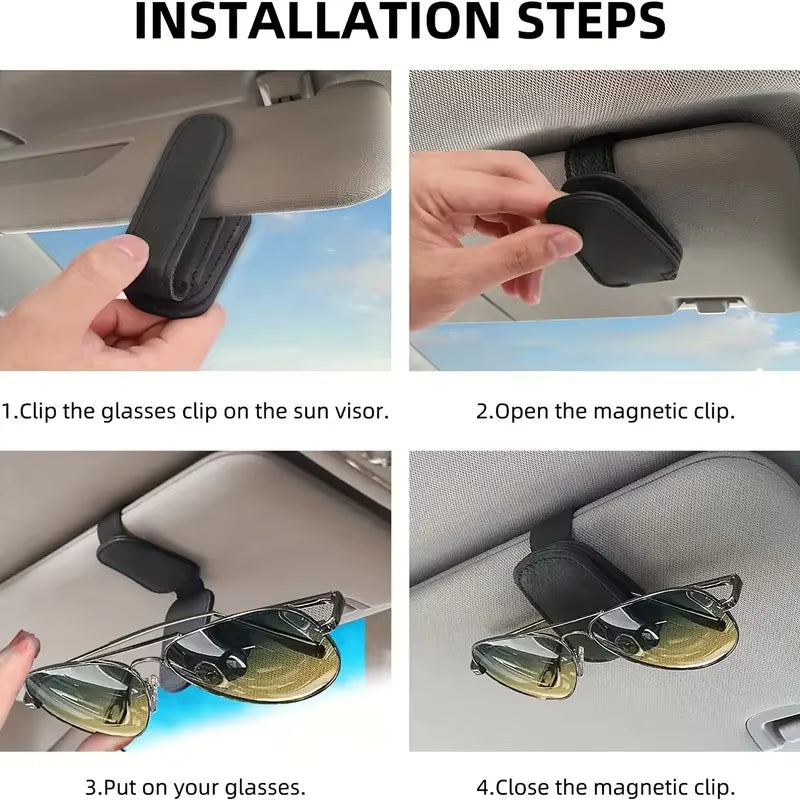 Stylish Car Sunglasses Holder - Magnetic Clip for Sun Visor - Premium PU Leather Glasses Case & Ticket Organizer