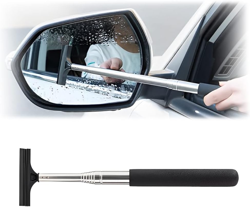 Retractable Car Rearview Mirror Wiper and Telescopic Auto Glass Squeegee - Universal Portable Cleaning Tool for All Vehicles (Black)