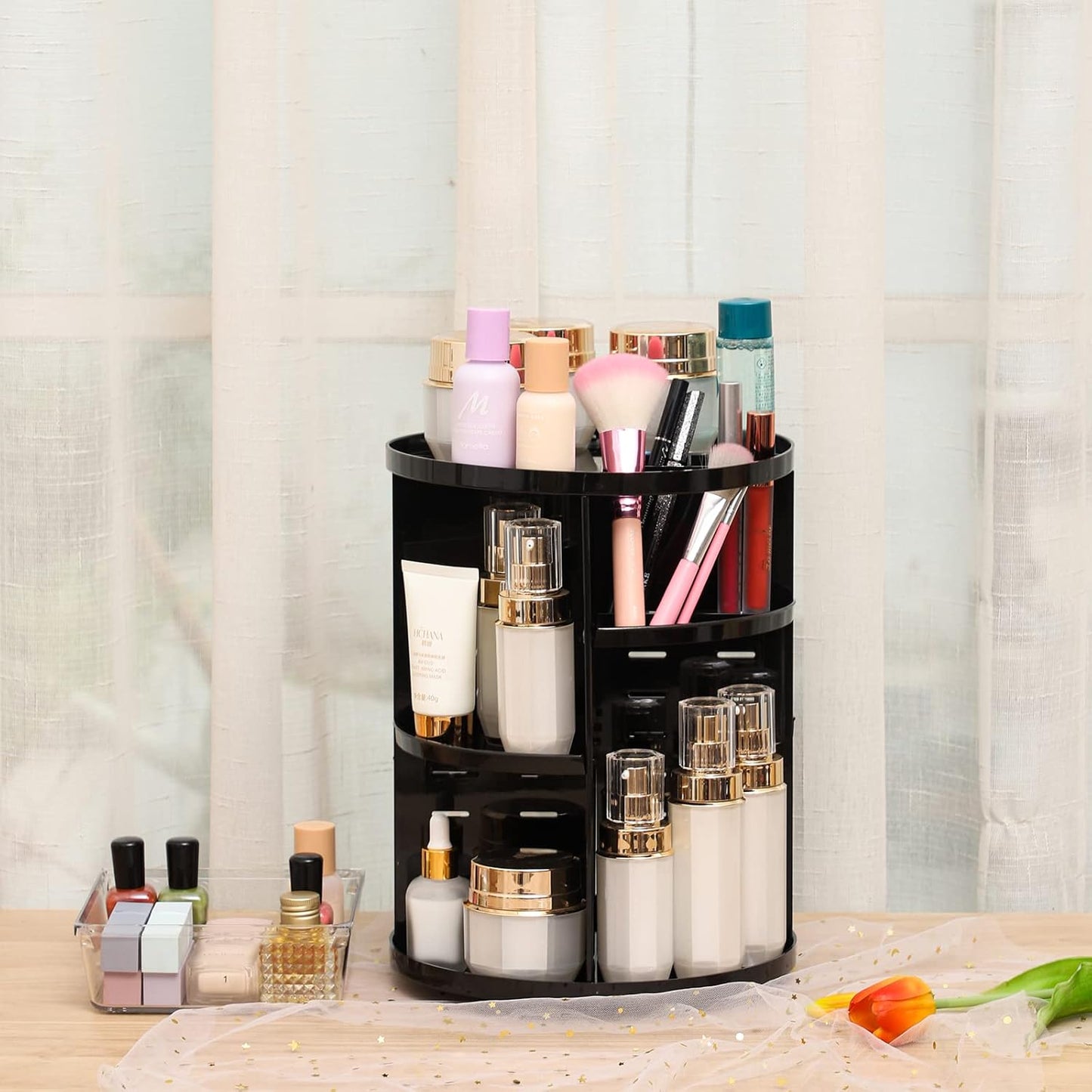 Revolutionize Your Beauty Routine with Our Adjustable Rotating Makeup Organizer - Effortless Access for All Your Skincare and Cosmetic Essentials in Sleek Black Design