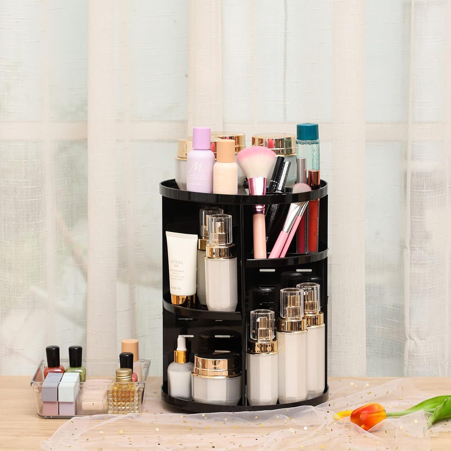 Revolutionize Your Beauty Routine with Our Adjustable Rotating Makeup Organizer - Effortless Access for All Your Skincare and Cosmetic Essentials in Sleek Black Design