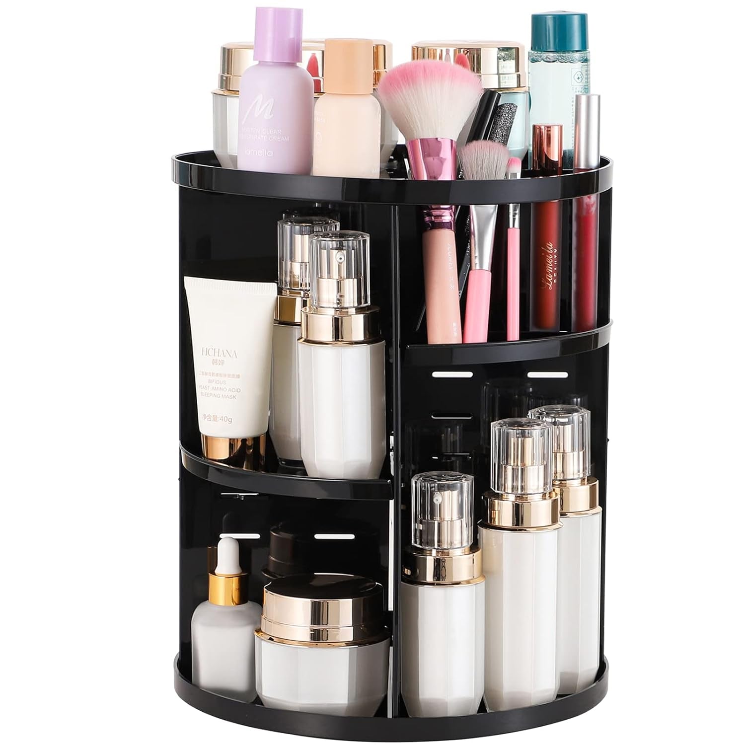 Revolutionize Your Beauty Routine with Our Adjustable Rotating Makeup Organizer - Effortless Access for All Your Skincare and Cosmetic Essentials in Sleek Black Design