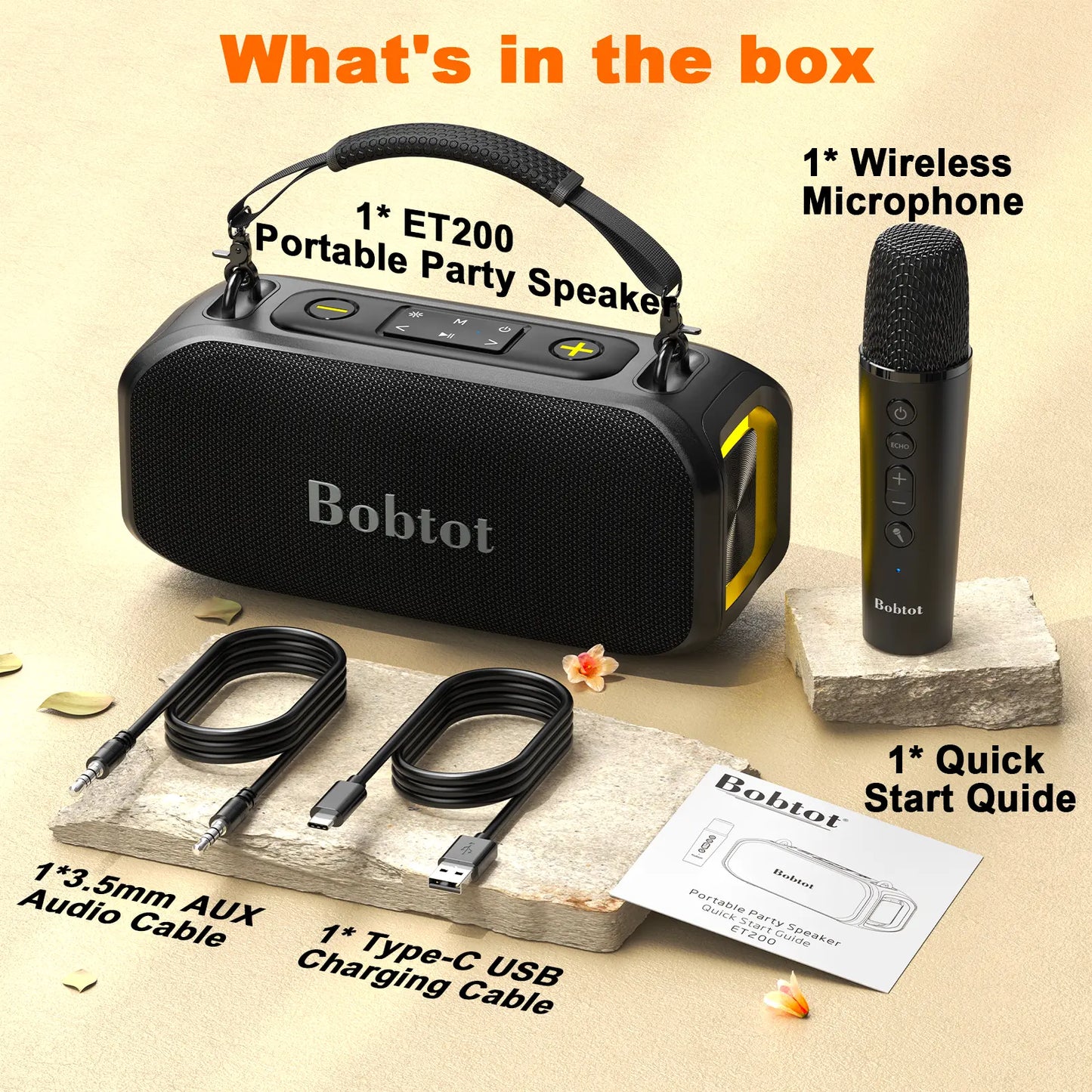 Bobtot ET200 Portable Bluetooth Speaker with 2 Wireless Mics, 40W Full Bass Audio, IPX5 Weatherproof Water Resistant Loudspeaker System, 8000Mah Battery, Handle Design for Home & Party