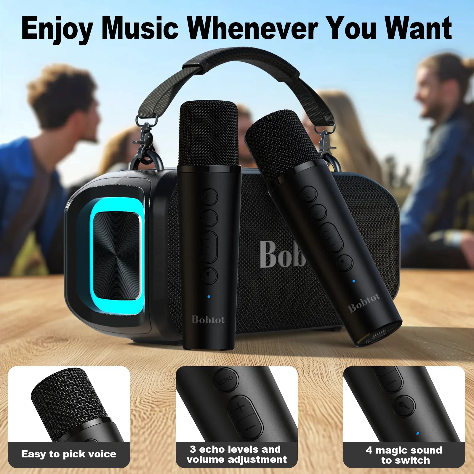Bobtot ET200 Portable Bluetooth Speaker with 2 Wireless Mics, 40W Full Bass Audio, IPX5 Weatherproof Water Resistant Loudspeaker System, 8000Mah Battery, Handle Design for Home & Party