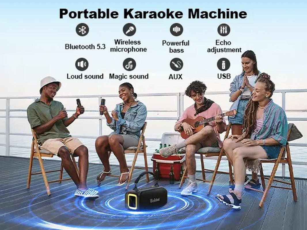 Bobtot ET200 Portable Bluetooth Speaker with 2 Wireless Mics, 40W Full Bass Audio, IPX5 Weatherproof Water Resistant Loudspeaker System, 8000Mah Battery, Handle Design for Home & Party