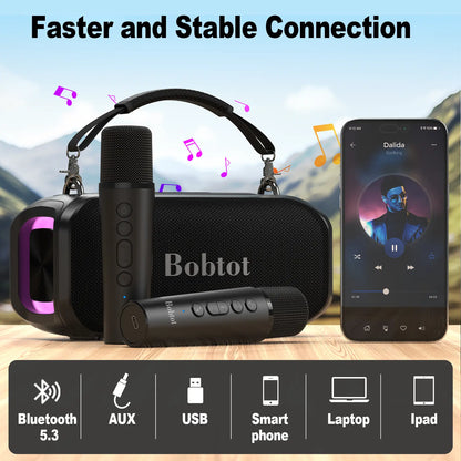 Bobtot ET200 Portable Bluetooth Speaker with 2 Wireless Mics, 40W Full Bass Audio, IPX5 Weatherproof Water Resistant Loudspeaker System, 8000Mah Battery, Handle Design for Home & Party