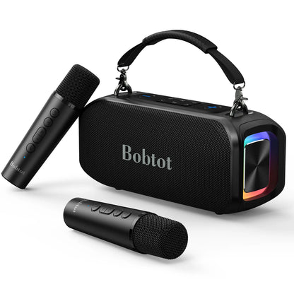 Bobtot ET200 Portable Bluetooth Speaker with 2 Wireless Mics, 40W Full Bass Audio, IPX5 Weatherproof Water Resistant Loudspeaker System, 8000Mah Battery, Handle Design for Home & Party
