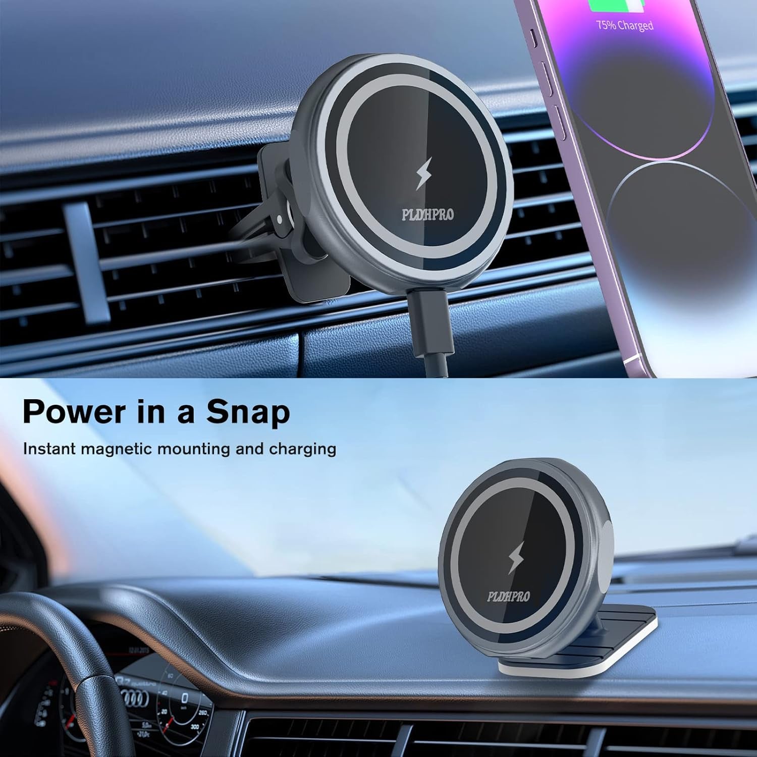 MagSafe Car Mount - 15W Fast Charging Wireless iPhone Charger and Magnetic Air Vent Phone Holder, Compatible with iPhone 15, 14, 13 Pro, Plus, Max, and Mini